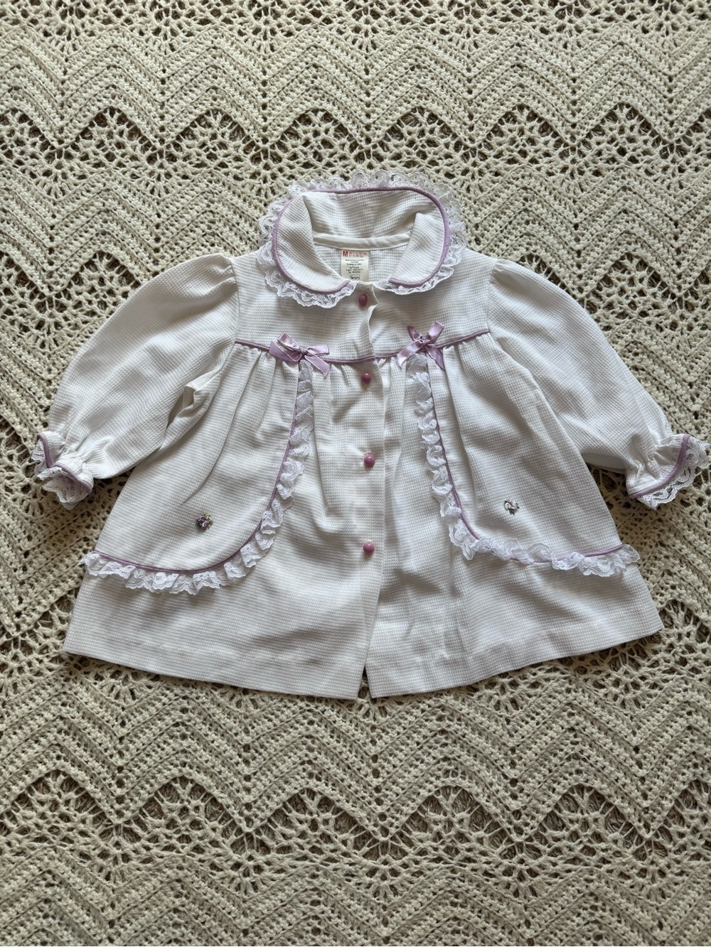 Vintage Sears White Lilac Lace Trim Purple Bow Waffle Knit Jacket Tunic Top